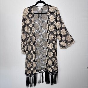Nikki Poulos‎ Boho Kimono Duster Size 1X Floral Lace Fringe Open Front Cardigan